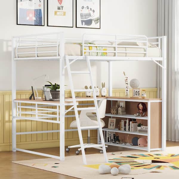 Harper & Bright Designs White Full Size Metal Loft Bed with L-shaped Built-in Desk, 3-tier Storage Shelves and Ladder