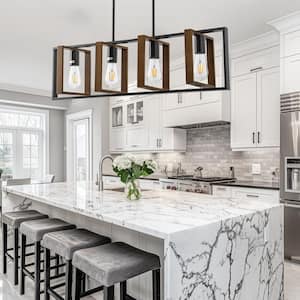 4-Light Farmhouse Black and Bronze Kitchen Island Pendant Light,Rectangle Adjustable Metal Hanging Light