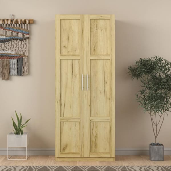 Unbranded Oak High Wardrobe and Kitchen Cabinet with 2-Doors and 3 Partitions To Separate 4 Storage Spaces