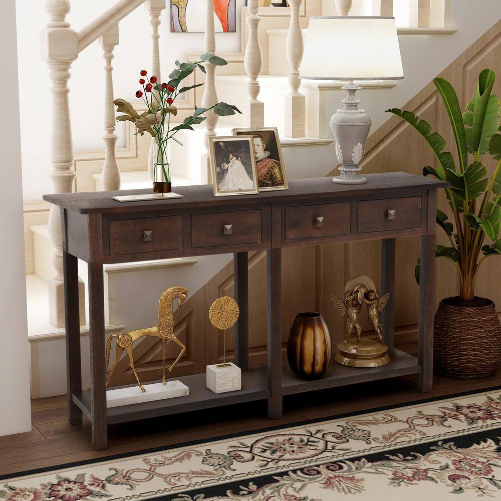 ANBAZAR Espresso 59 in. Rectangle Accent Console Table with 4Drawers