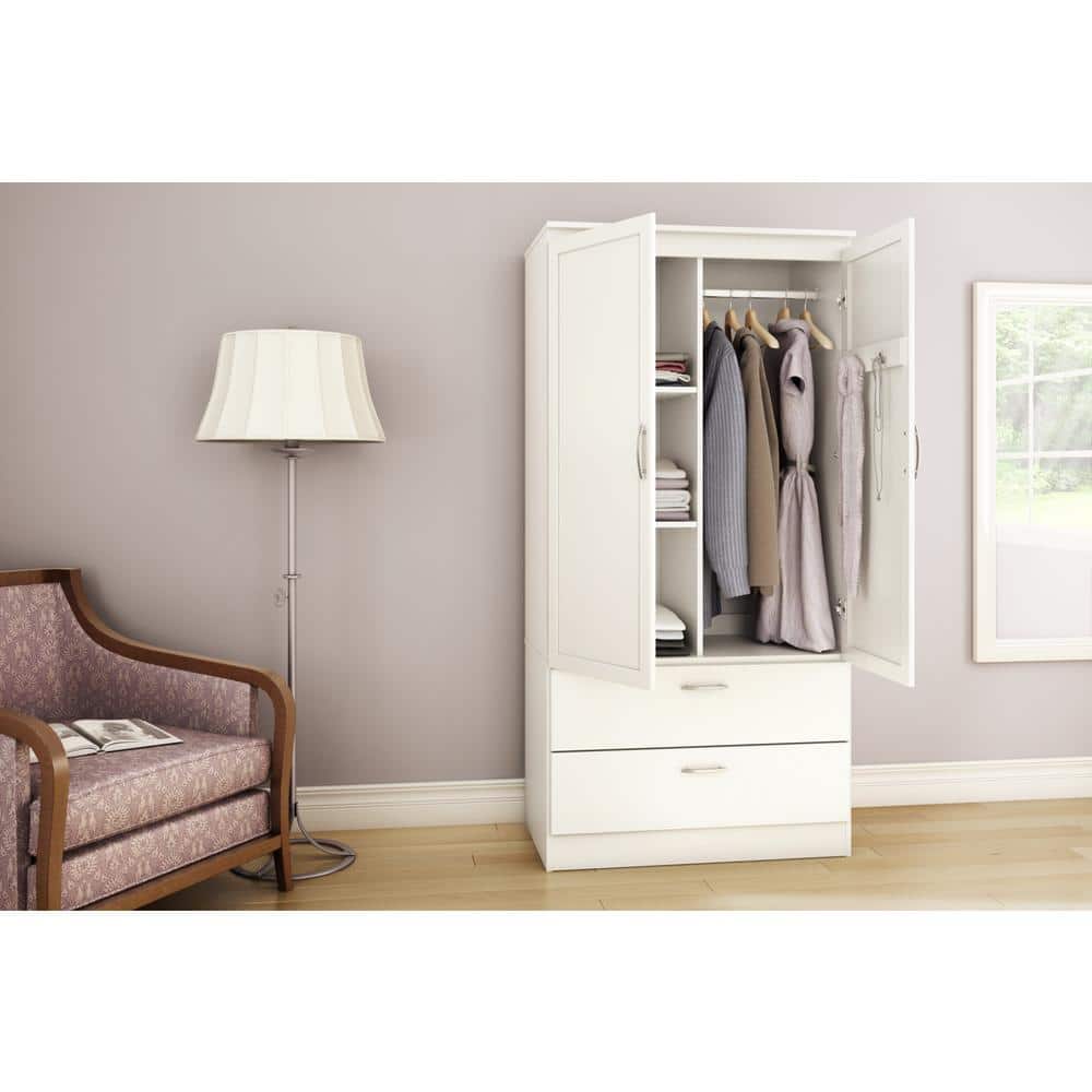 Pure White Transitional Wardrobe Armoire with Mirror