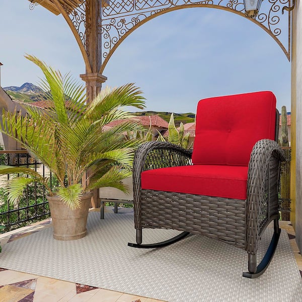 INMITOM Wicker Outdoor Rocking Chair Lounge Chair Patio with Red Cushion