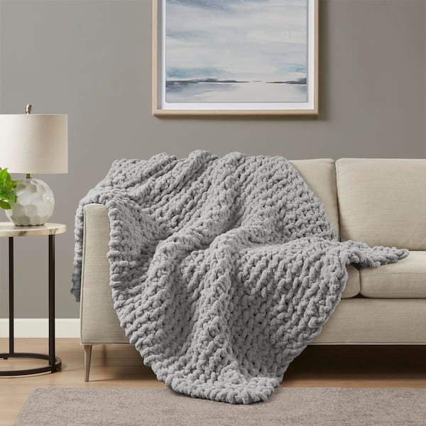 Chenille Chunky Knit Grey Polyester Throw Blanket