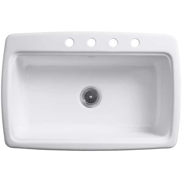 Cape Dory Drop-In Cast Iron 33 in. 4-Hole Single Bowl Kitchen Sink in White