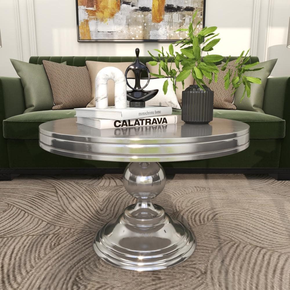 Elegant Goblet-Inspired Round Metal Coffee Table in Silver Finish