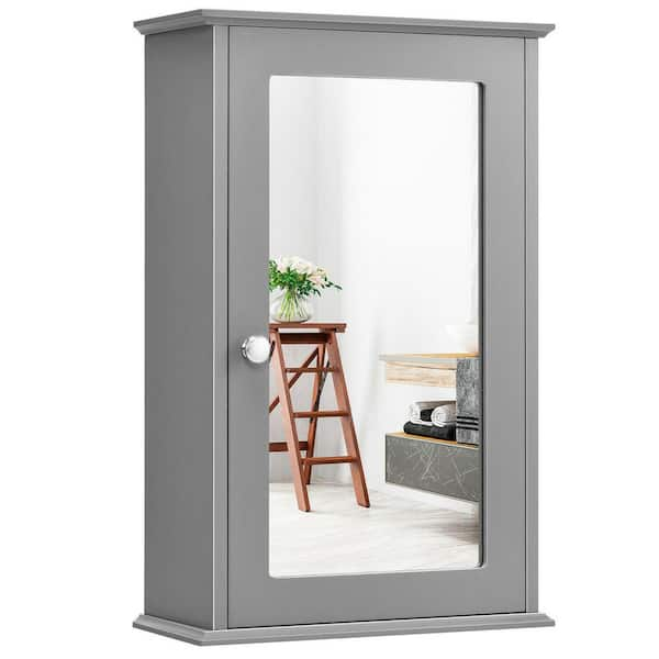 Gymax Wall-Mounted Bathroom Storage Organizer Mirrored Medicine Cabinet  with Shelf Grey 