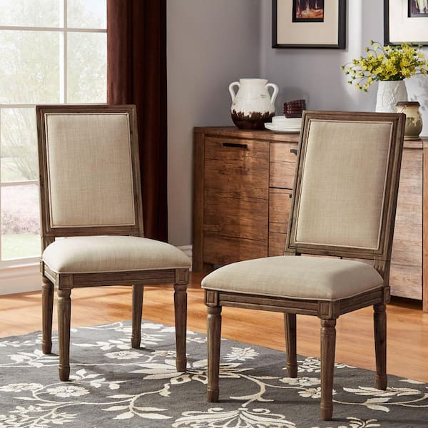 HomeSullivan Brown Finish Beige Rectangular Linen And Wood Dining Chairs (Set of 2)