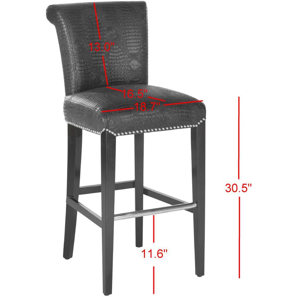 Seth Transitional Black Crocodile Leather Bar Stool with Silver Nailhead