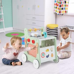 6-in-1 Baby Push Walker Wooden Strollers Learning Activity Center Toy with Kitchen in Green and White