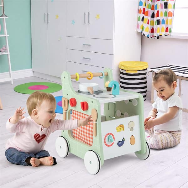 6-in-1 Baby Push Walker Wooden Strollers Learning Activity Center Toy with Kitchen in Green and White