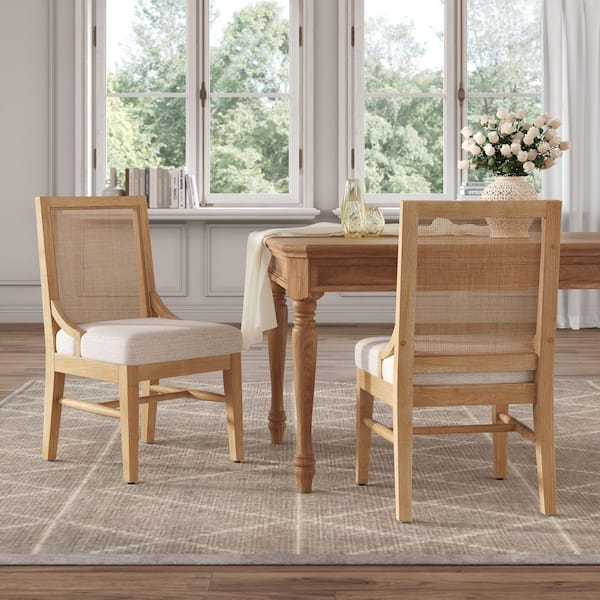 Phineas Beige+Natural Fabric Upholstered Dining Chairs with Natural Cane Back, Rubber Wood Legs (Set of 2)