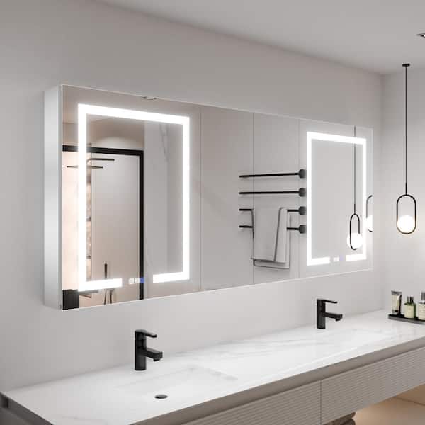 ExBrite Shine 72 in.W x 30 in.H Rectangular Aluminum Recessed/Surface Mount Dual Swing Medicine Cabinet with Mirror LED