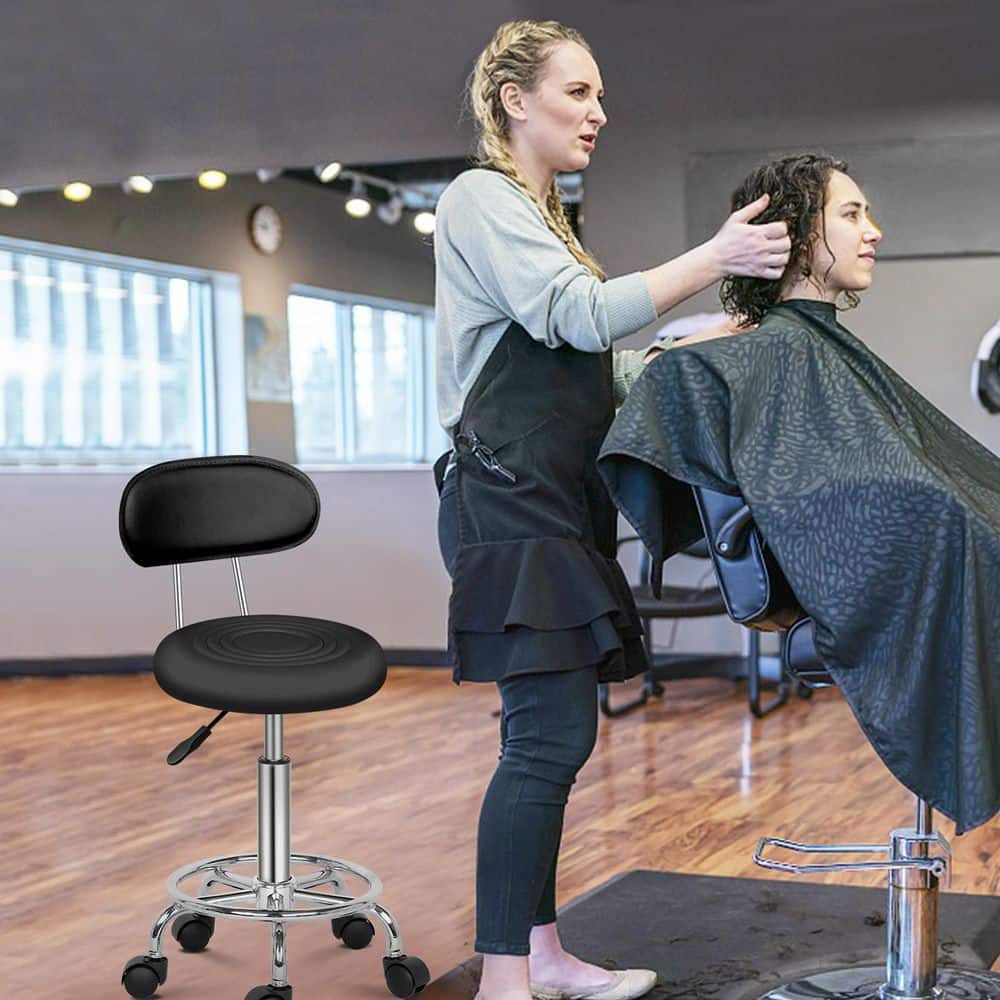 Black Adjustable Ergonomic Salon Stool with Backrest and Wheels