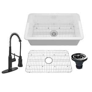 All-in-one Glossy White Fireclay 32 in. Single Bowl Undermount Kitchen Sink with Pull Down Faucet and Accessories