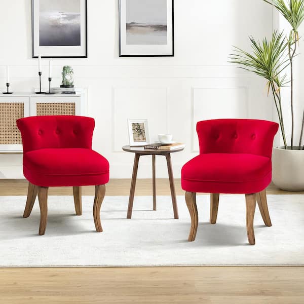 JAYDEN CREATION Nila Red Vanity Velvet Upholstered Stool Chairs with Solid Wooden Legs (Set of 2)