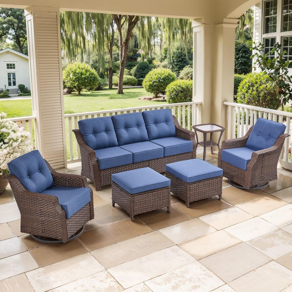 Modern Farmhouse 6-Piece Brown Wicker Patio Conversation Set with 6 In. Blue Cushions/3-Seat Sofa with Swivel Chairs price history on PriceWatchPro