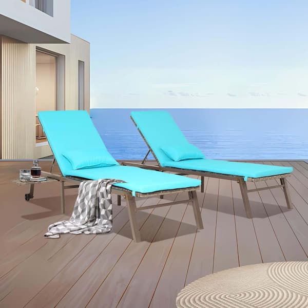 Zeus & Ruta Gray Wicker Outdoor Chaise Lounge with Blue Cushions, Wheels, Adjustable Backrest 5-Position Sunbathing Chair (Set of 2)