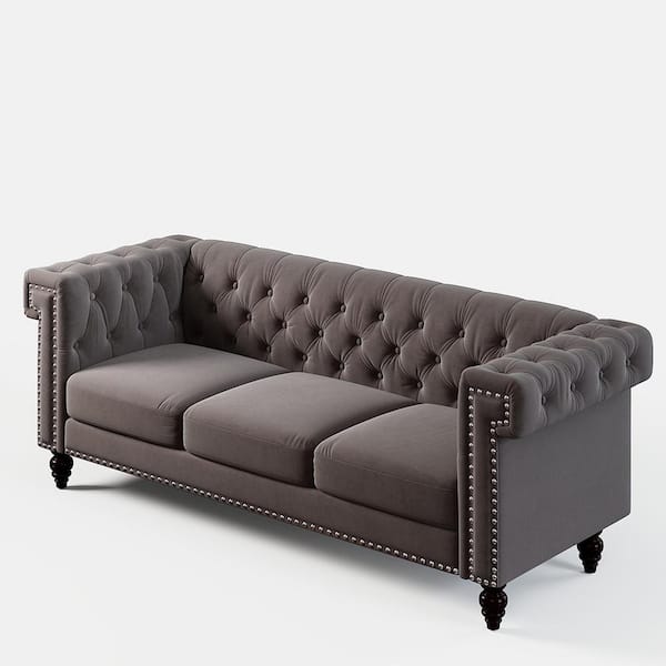 VERYKE 30.5 in. Brown 3-Seater Round Arm Tufted Velvet Upholstered Straight Sofa with Nailhead Decoration