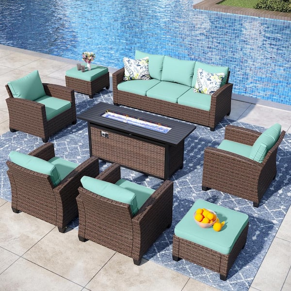 PHI VILLA Brown Rattan Wicker 9 Seat 8-Piece Steel Outdoor Patio Conversation Set with Blue Cushions,Rectangular Fire Pit Table