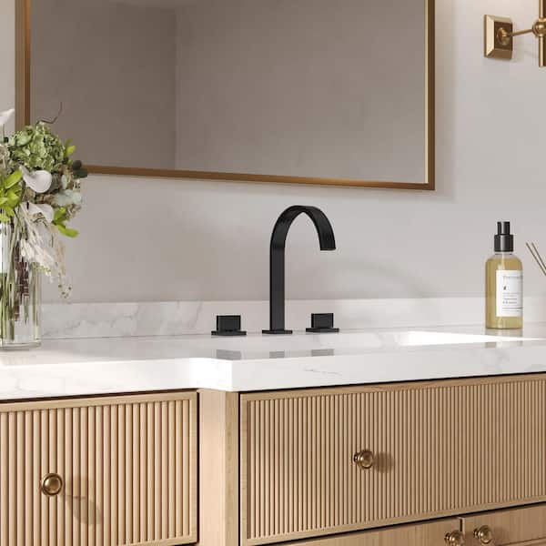 CubeLine High Arc 8 in. Widespread Double Handle Bathroom Faucet in Matte Black Drain Included (2-Pack)