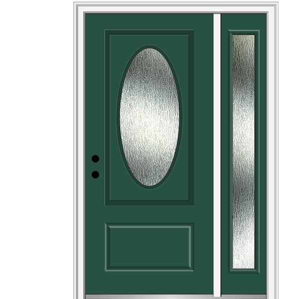 MMI Door 50 in. x 80 in. Right-Hand Inswing Rain Glass Hunter Green Fiberglass Prehung Front Door on 4-9/16 in. Frame