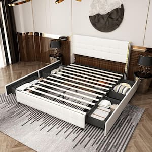 White Wood Metal Frame Queen Size Platform Bed With Upholstered Headboard, Drawers, LED Lights, Wheels, Bluetooth