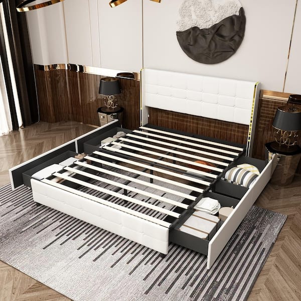 FUFU&GAGA White Wood Metal Frame Queen Size Platform Bed With ...