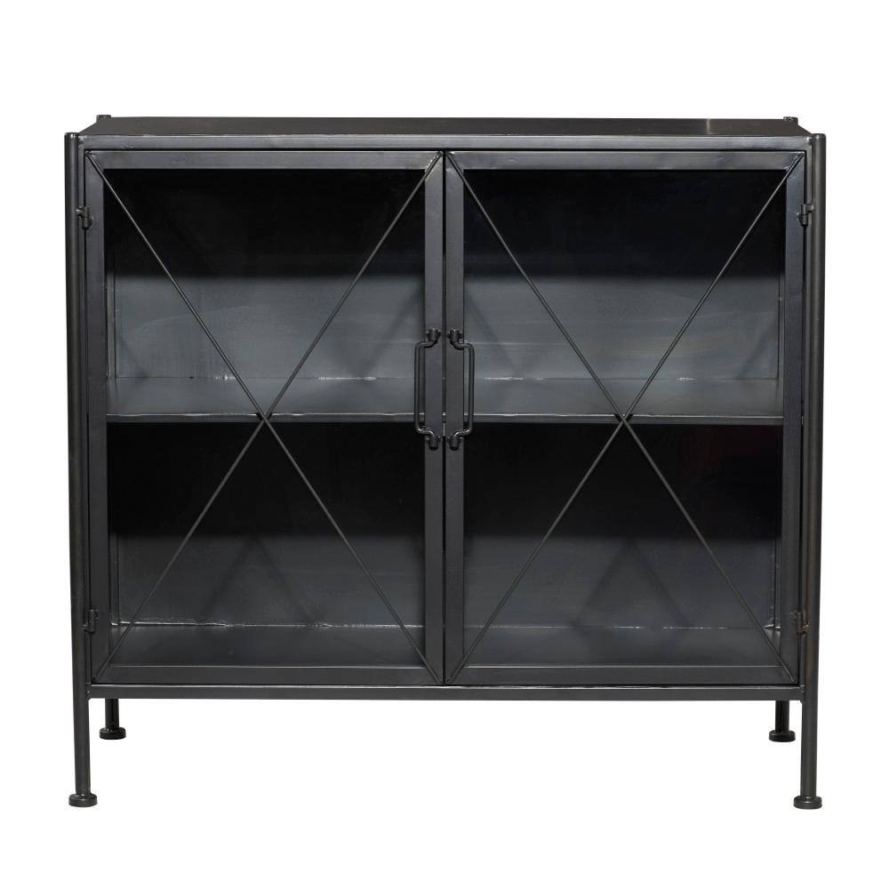 Black Metal Geometric Cabinet with Glass Panels
