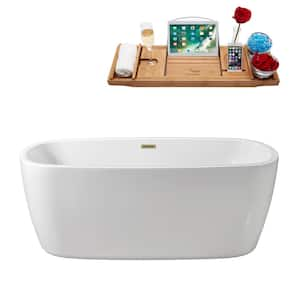 59 in. x 28 in. Acrylic Freestanding Soaking Bathtub in Glossy White with Brushed Brass Drain