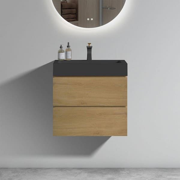 Noble 24 in. W x 18 in. D x 25 in. H Single Sink Freestanding Bath Vanity in Oak with Black Solid Surface Integral Top