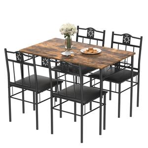 5-Piece Dining Table Set Wooden Kitchen Table 1 Table 4 Chairs Metal Legs, Rectangular Dining Table Sets，42.1"L, Brown