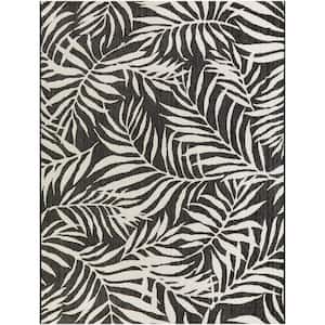 Tropical Palm Leaves Black 5 ft. x 7 ft. Indoor/Outdoor Patio Area Rug