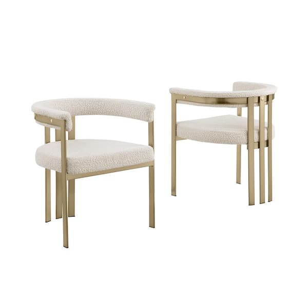 Best Quality Furniture Raymond Cream Color Matte Brushed Gold Chrome Base Boucle Fabric Side Chair Set of 2