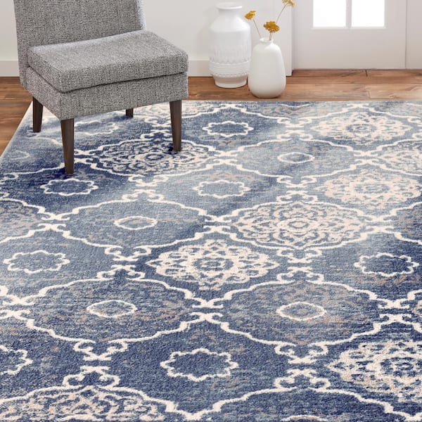 Boho Andorra Navy Blue/Ivory 5 ft. x 7 ft. Damask Area Rug
