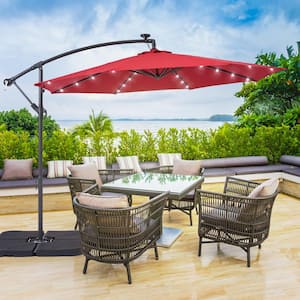10 ft. Patio Offset Solar LED Umbrellas 50 Plus UV Protection Cantilever Outside Umbrellas, Red