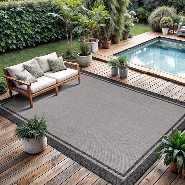 CAMILSON Hawaii Grey/Black 8 ft. x 10 ft. Bordered Indoor/Outdoor