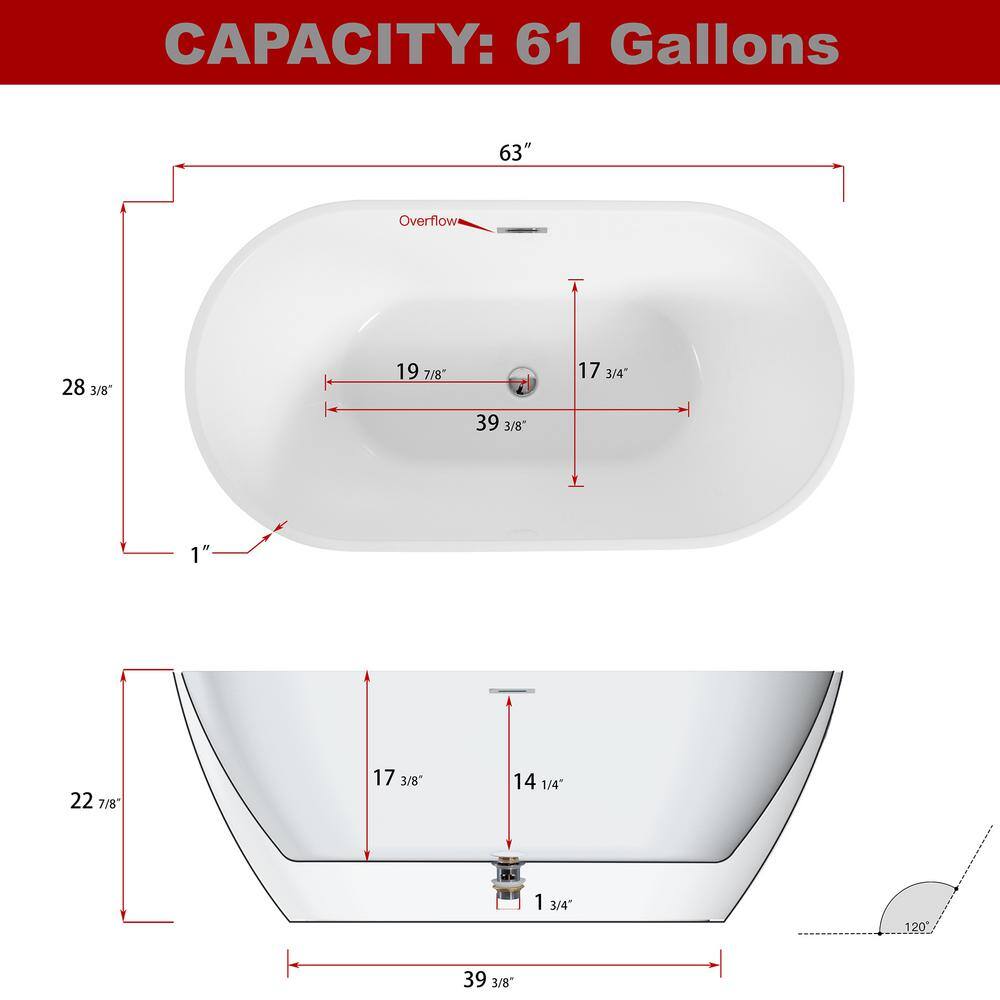63'' White Acrylic Freestanding Soaking Bathtub with Center Drain