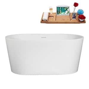 51 in. x 28 in. Acrylic Freestanding Soaking Bathtub in Glossy White with Polished Brass Drain, Bamboo Tray