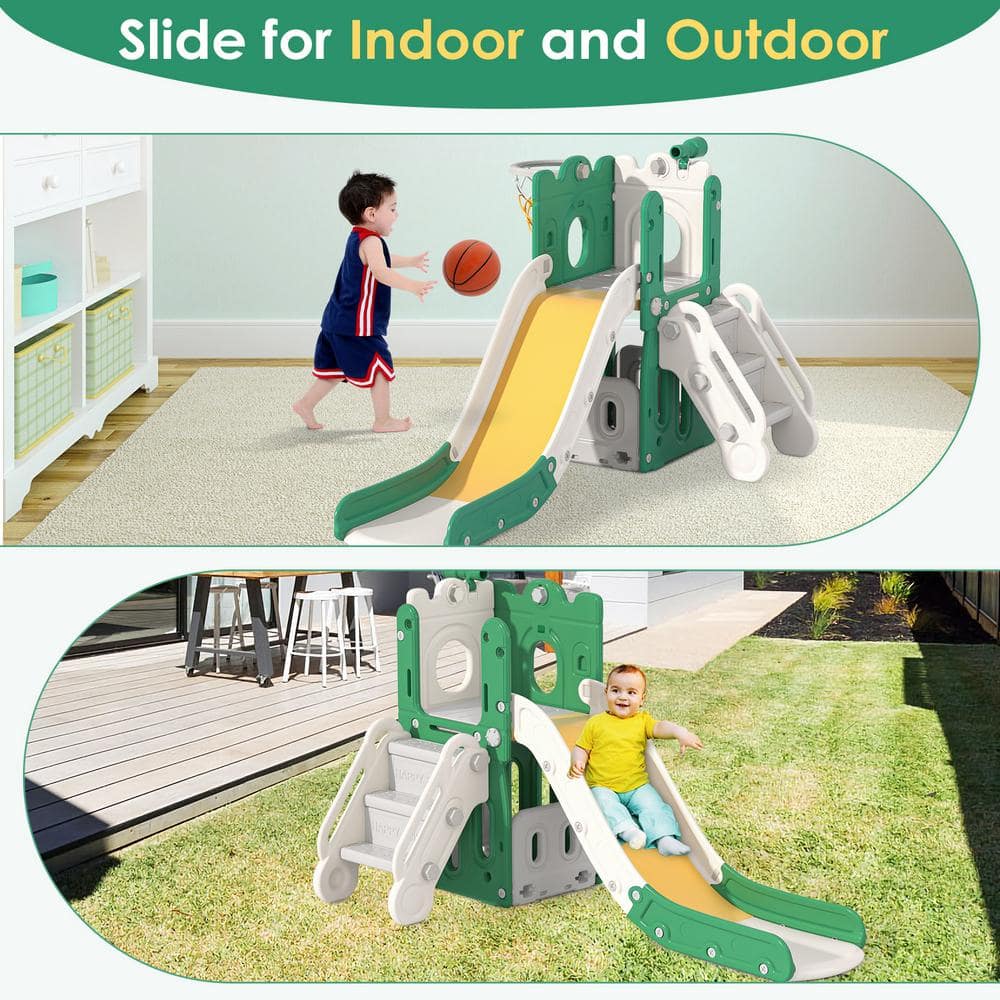 Green and Yellow L-Shaped 7-in-1 Toddler Slide with Basketball Hoop