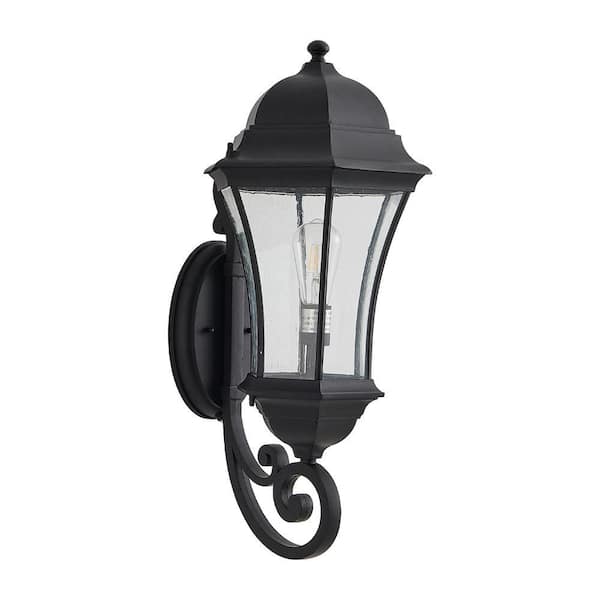 27 in. Black Dusk to Dawn Outdoor Hardwired Wall Lantern Sconce with Seeded Glass Shade No Bulbs Included