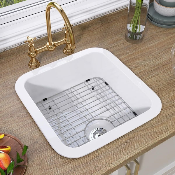 Ble White Single Bowl Fireclay 19 in. Drop-In/Undermount Bar Sink in White with Bottom Rack and Strainer Included