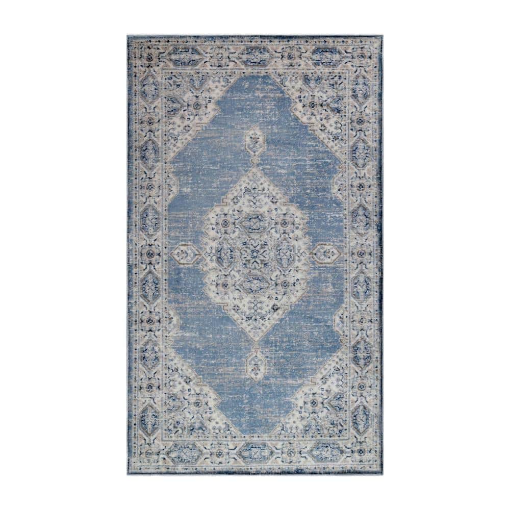 Blue-Cream Medallion Synthetic Easy Care Area Rug