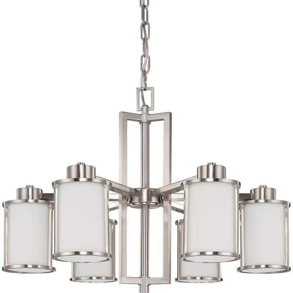 SATCO 6-Light Brushed Nickel Convertible Chandelier with Satin White Glass