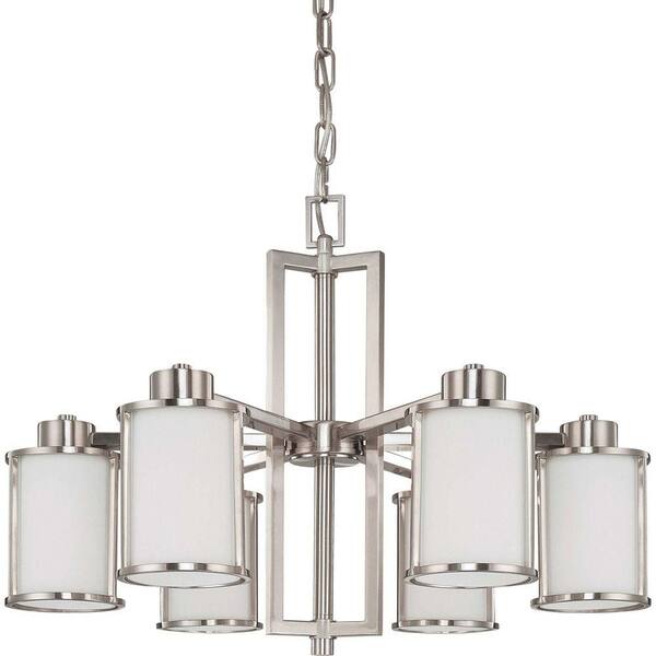 SATCO:Satco 6-Light Brushed Nickel Convertible Chandelier with Satin White Glass