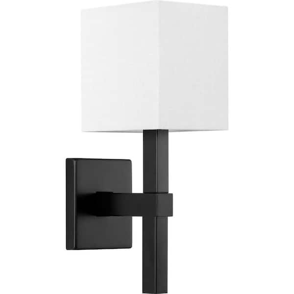 Progress Lighting Metro 5.5 in. 1-Light Matte Black New Traditional Wall Sconce with Summer Linen Shade