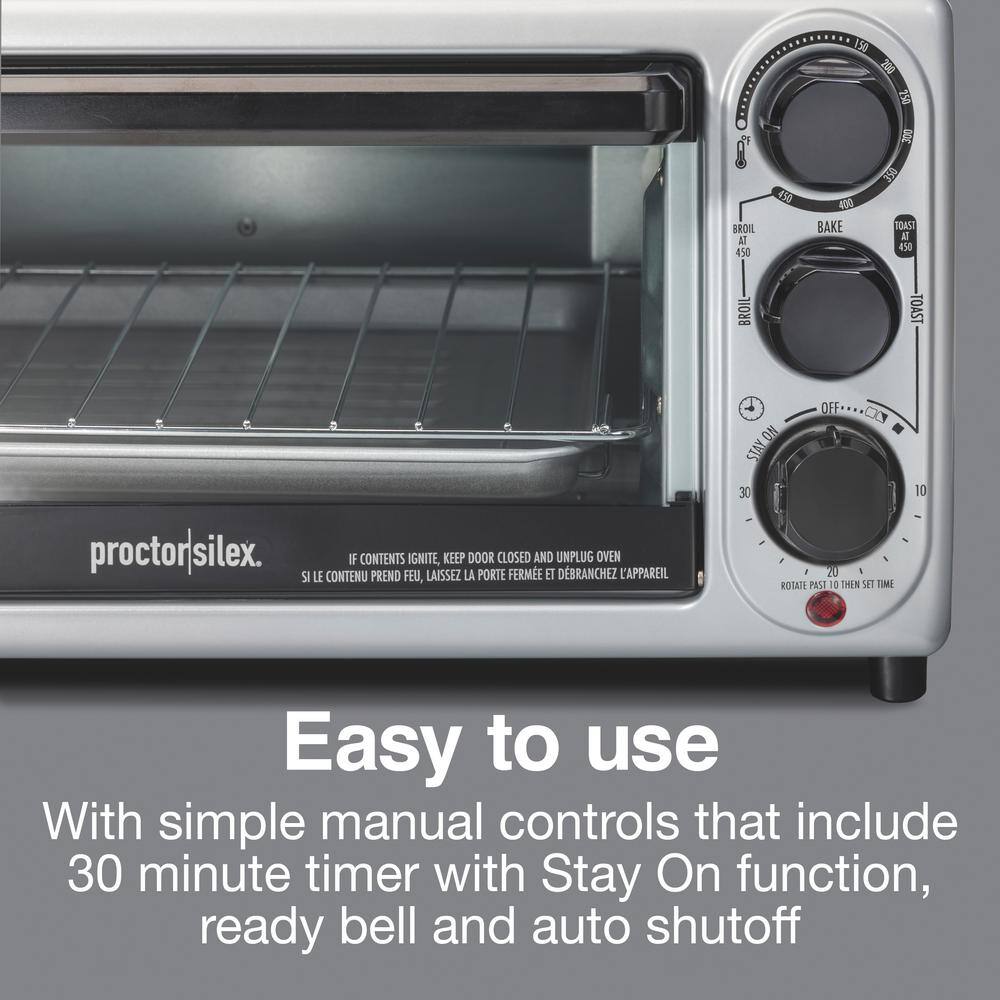 Proctor Silex Black and Silver 4-Slice Toaster Oven with Bake Pan