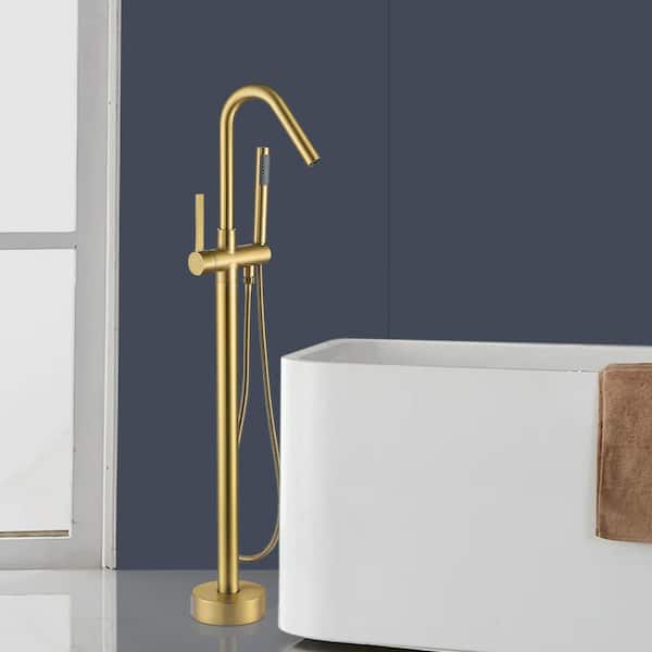 Single-Handle 43-3/4 in. Freestanding Tub Faucet High Arch Bathtub Filter with Handheld Shower in Brushed Brass