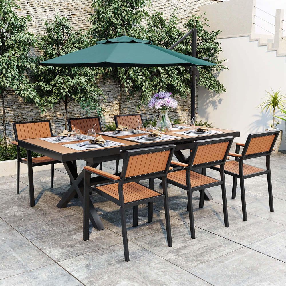 Black 7-Piece Metal Outdoor Dining Set with Extendable Table