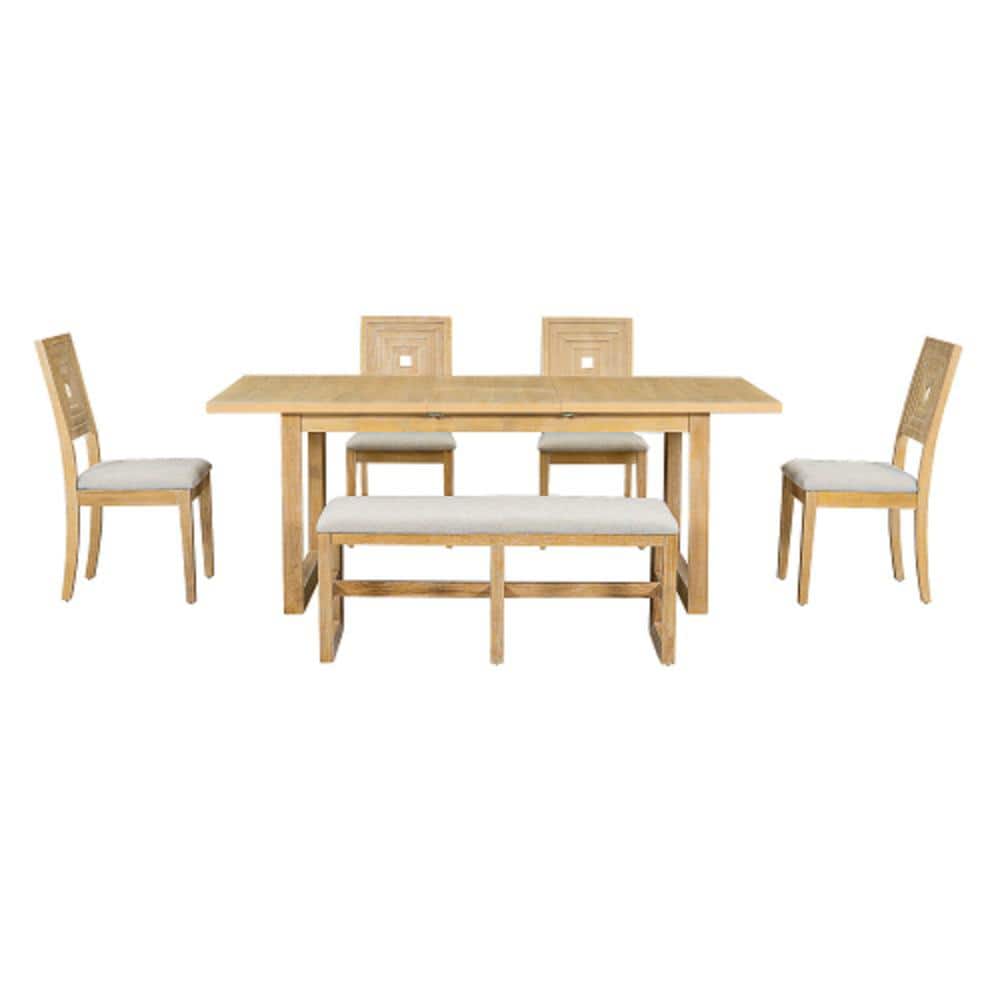 Modern 6-Piece Natural Wood Extendable Table Outdoor Dining Set Upholstered