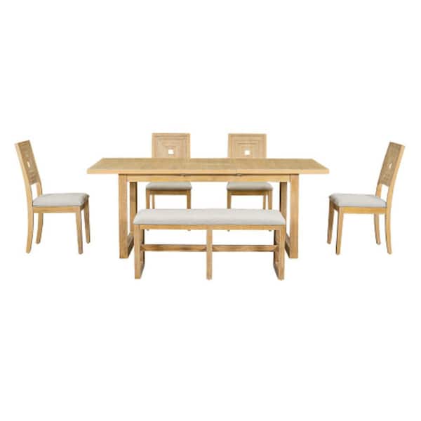 Unbranded Modern 6-Piece Natural Wood Extendable Table Outdoor Dining Set Upholstered Stylish Chairs and Bench with Cushion